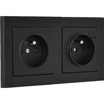 Elektrická zásuvka Zásuvky v rámečku pod omítku, 2x 230V/16A + 1x USB nabíječka, barva černá metalíza
