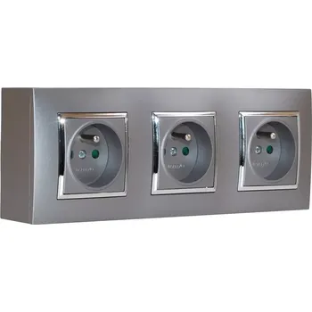 Elektrická zásuvka Nástěnný zásuvkový blok, 3x 250V/16A, šedé metalizované barvy se stříbrným lesklým ozdobným rámem, bez kabelu
