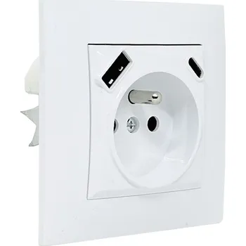 Elektrická zásuvka Zásuvka v rámečku pod omítku, 1x 250V/16A s USB A+C nabíječkou v bílé barvě