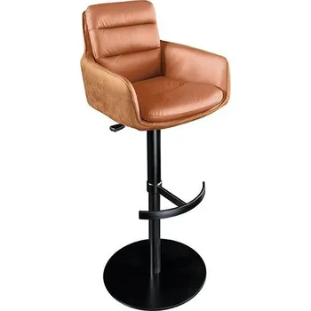 Barová židle Industriální otočná barová židle Dover z kůže v hnědé barvě s kovovou černou nohou s výškovým nastavením 115 cm
