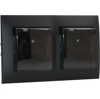 Elektrická zásuvka Zásuvka pod omítku 2x 250V/16A s víčky a manžetou, krytí IP44, rámeček v černé barvě + průhledné krytky