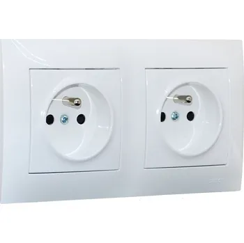 Elektrická zásuvka Zásuvka dvojnásobná 250V/16A (strojky, kryt a rámeček) Simon 54, šroubové svorky, clonky, barva bílá
