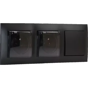 Elektrická zásuvka Zásuvky pod omítku 2x 250V/16A s víčky a manžetou + vypínačem č.1 (jednopólový), krytí IP44, rámeček v černé barvě + průhledné krytky