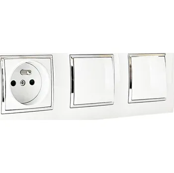 Elektrická zásuvka Zásuvky 1x 250V/16A + 2x vypínač č.1 v rámečku pod omítku, bílé barvy se stříbrným lesklým ozdobným rámem