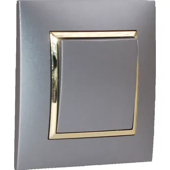 Elektrická zásuvka Vypínač jednopólový, řazení č.6 (střídavý "schodišťák"), 10AX 250V v rámečku pod omítku, šedé metalizované barvy se zlatým ozdobným rámem