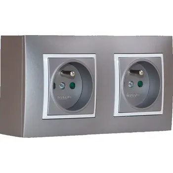 Elektrická zásuvka Nástěnný zásuvkový blok, 2x 250V/16A, šedé metalizované barvy s bílým ozdobným rámem, bez kabelu