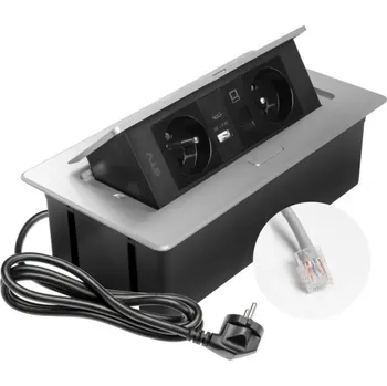 Elektrická zásuvka Výklopná zásuvka MULTISOFT, 2x 230V, USB A/C nabíječka, RJ45, barva stříbrná, kabel o délce 1.5m