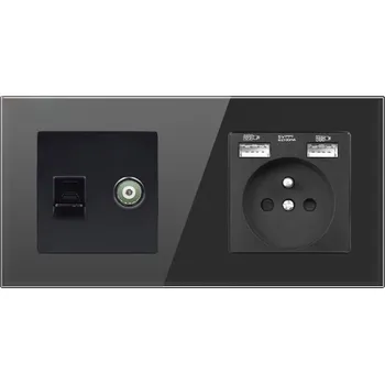 Elektrická zásuvka SRAN Elektrická zásuvka 230V+2*USB + RJ45+TV v rámečku 147mm, černá sklo