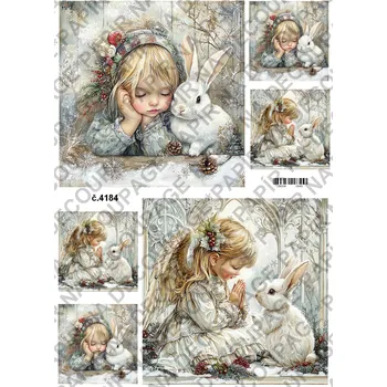 Umělecký papír Rýžový a soft papír na decoupage - Andělka se zajícem - KB04184 Materiál: Soft, Rozměr: A4