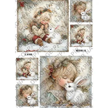 Umělecký papír Rýžový a soft papír na decoupage - Andělka se zajícem - KB04166 Materiál: Soft, Rozměr: A4