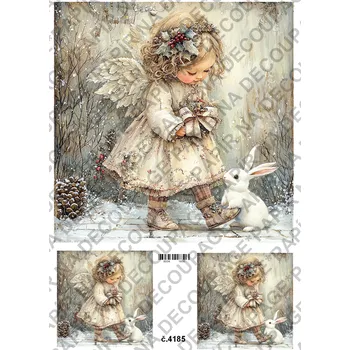 Výtvarný papír Rýžový a soft papír na decoupage - Andělka se zajícem - KB04185 Materiál: Rýžový papír, Rozměr: A4