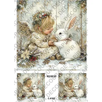 Umělecký papír Rýžový a soft papír na decoupage - Andělka se zajícem - KB04168 Materiál: Soft, Rozměr: A4