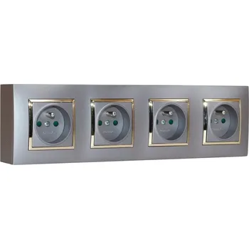Elektrická zásuvka Nástěnný zásuvkový blok, 4x 250V/16A, šedé metalizované barvy se zlatým lesklým ozdobným rámem, bez kabelu