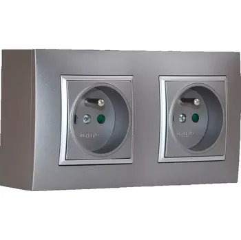 Elektrická zásuvka Nástěnný zásuvkový blok, 2x 250V/16A, šedé metalizované barvy se stříbrným matným ozdobným rámem, bez kabelu