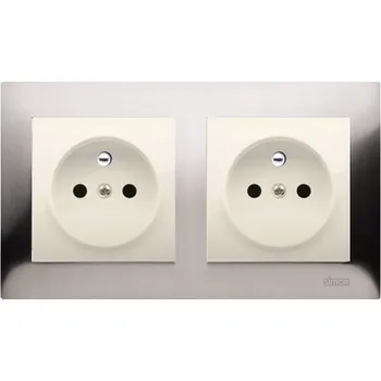 Elektrická zásuvka Zásuvka dvojnásobná 250V/16A Simon 54, bezšroubové svorky, rámeček NEREZ, kryty zásuvek v krémové barvě