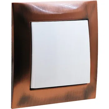 Elektrická zásuvka Vypínač (spínač) s jednou klapkou v kovovém měděném rámečku, instalace pod omítku, řazení č. 1/6/7 dle výběru, barva bílá + rustikální měď