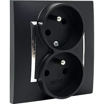 Elektrická zásuvka Dvojnásobná zásuvka 2x 250V/16A s uzemněním, pootočená zásuvka, barva černá se stříbrným lesklým ozdobným rámečkem