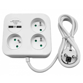 Napájecí kabel Čtvercový napájecí blok s 3x zásuvkou 230V a 2x USB-A nabíječkou 5V, kabel 1.4m