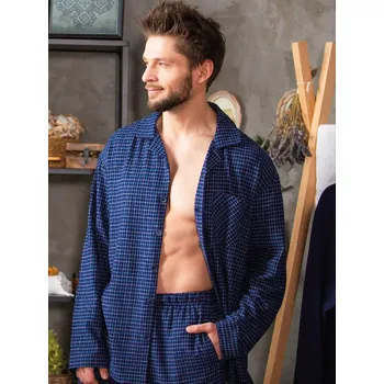 Pyžamo Key MNS 457 B24 Flanelové dlouhé/r M-2XL pánské rozepínací tmavě modrá L