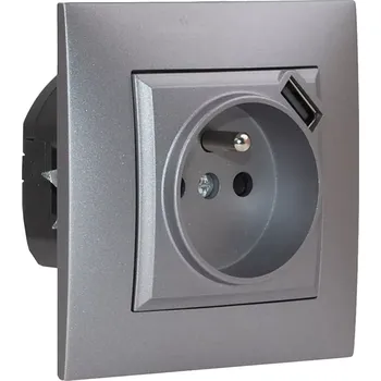 Elektrická zásuvka Zásuvka v rámečku pod omítku, 1x 250V/16A s USB nabíječkou, šedé matné barvy