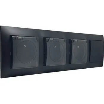 Elektrická zásuvka Zásuvky pod omítku 3x 250V/16A s víčky a manžetou + vypínačem č.1 (jednopólový), krytí IP44, rámeček v černé barvě + průhledné krytky