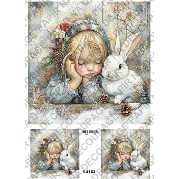 Umělecký papír Rýžový a soft papír na decoupage - Andělka se zajícem - KB04183 Materiál: Soft, Rozměr: A4