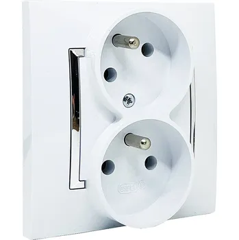 Elektrická zásuvka Dvojnásobná zásuvka 2x 250V/16A s uzemněním, pootočená zásuvka, barva bílá se stříbrným ozdobným rámečkem