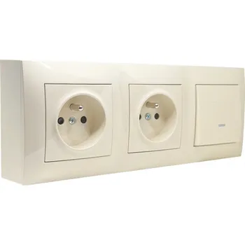 Elektrická zásuvka Zásuvkový blok nástěnný 2x 250V/16A a 1x vypínač s LED podsvětlením (indikuje zapnutý stav), barva krémová bílá, bez kabelu