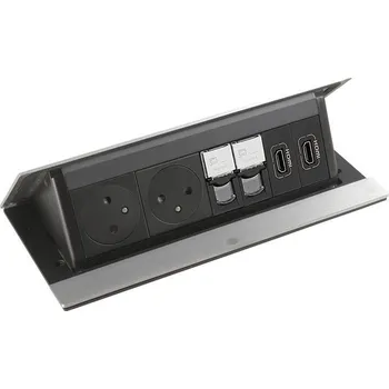 Elektrická zásuvka Pop-up blok INCARA 2x zásuvka 250V surface, 2x RJ45, 2x HDMI + montážní rám, povrch hliník, kabel 2m