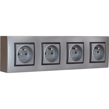 Elektrická zásuvka Nástěnný zásuvkový blok, 4x 250V/16A, šedé metalizované barvy s černým ozdobným rámem, bez kabelu
