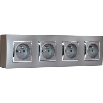 Elektrická zásuvka Nástěnný zásuvkový blok, 4x 250V/16A, šedé metalizované barvy se stříbrným lesklým ozdobným rámem, bez kabelu