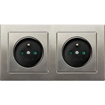 Elektrická zásuvka Zásuvka dvojnásobná 250V/16A s uzemněním a clonkami pro instalaci pod omítku, nerezová ocel