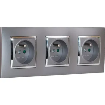 Elektrická zásuvka Zásuvky v rámečku pod omítku, 3x 250V/16A, šedé barvy se stříbrným lesklým ozdobným rámem