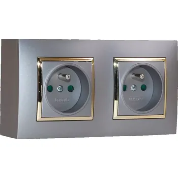 Elektrická zásuvka Nástěnný zásuvkový blok, 2x 250V/16A, šedé metalizované barvy se zlatým lesklým ozdobným rámem, bez kabelu