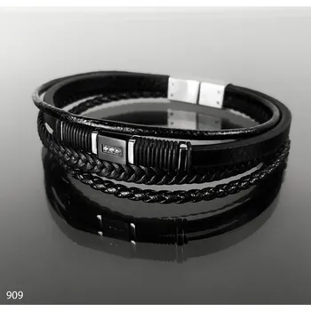Náramek Exkluzivní pánský náramek z kůže a oceli, balený v dárkové krabičce č. 909