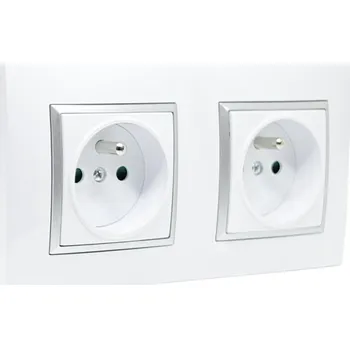 Elektrická zásuvka Nástěnný zásuvkový blok, 2x 250V/16A, bílé barvy se stříbrným matným ozdobným rámem, bez kabelu
