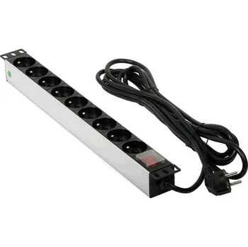 Elektrická zásuvka Napájecí lišta 230V do 19" rack skříní (9 zásuvek s vypínačem, 5m kabel, stříbrná)