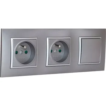 Elektrická zásuvka Zásuvky 2x 250V/16A + 1x vypínač č.1 v rámečku pod omítku, šedé barvy se stříbrným matným ozdobným rámem