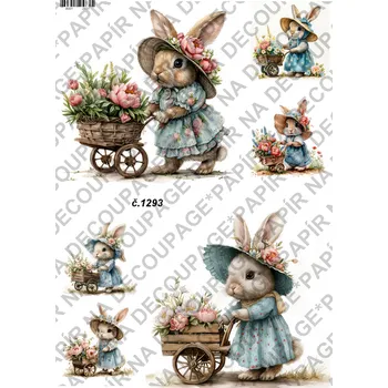 Umělecký papír Rýžový a soft papír na decoupage - Zaječice s květinami - KB01293 Materiál: Soft, Rozměr: A4