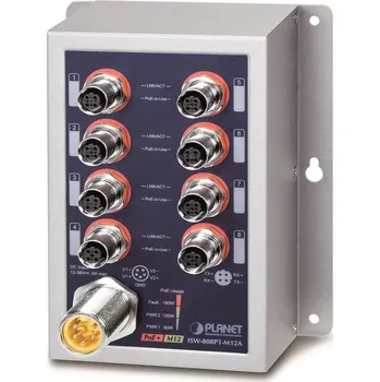 Síťový kabel PLANET Technology Planet Průmyslový PoE switch 8x 100Mb, PoE 802.3at 36W/180W, IP50, -40~+75°C, 12-56VDC, M12 konektory