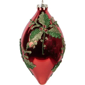 Vánoční ozdoba Červená skleněná vánoční ozdoba se třpytivým motivem cesmíny – 8x15 cm