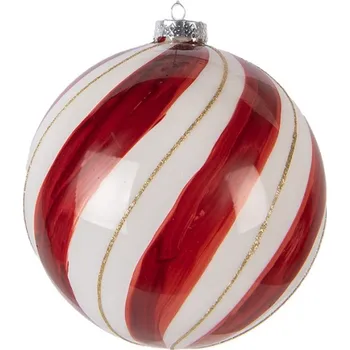 Vánoční ozdoba Červeno-bílá skleněná vánoční ozdoba ručně malovaná pruhovaná – 15x15 cm