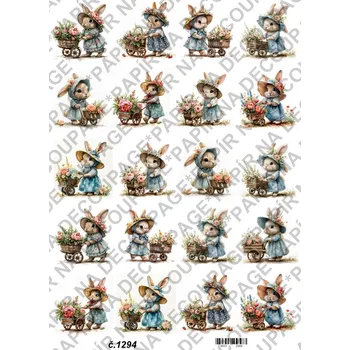 Umělecký papír Rýžový a soft papír na decoupage - Zaječice s květinami - KB01294 Materiál: Soft, Rozměr: A4