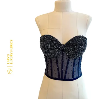 Korzet Tylový tmavě modrý korzet s grafitovými křišťály Velikost: XS