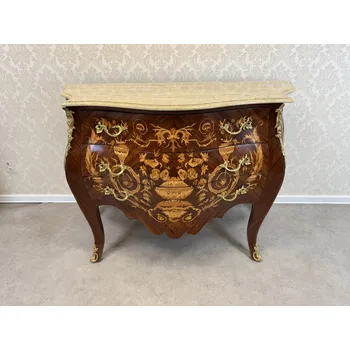 Komoda Starožitná komoda s florální intarzií, mramorovou deskou