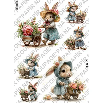 Umělecký papír Rýžový a soft papír na decoupage - Zaječice s květinami - KB01291 Materiál: Soft, Rozměr: A4