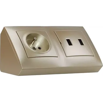 Elektrická zásuvka Rohová zásuvka 1x 250V/16A + 2x USB nabíječka, barva zlatá metalíza, bez kabelu