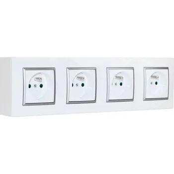 Elektrická zásuvka Nástěnný zásuvkový blok, 4x 250V/16A, bílé barvy se stříbrným matným ozdobným rámem, bez kabelu