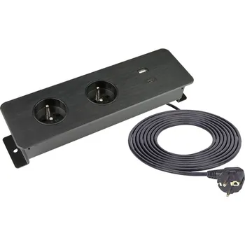 Elektrická zásuvka Vestavná zásuvka TAOBOX, 2x 230V + 2x USB A+C nabíječka 5V/3.4A , kabel 1.5m, barva černá