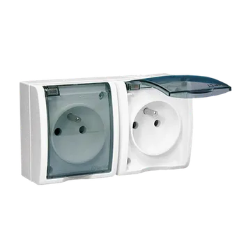 Elektrická zásuvka Zásuvka silová 2 násobná (přístroj s krytem), IP54, s uzemněním, se clonkami, průhledná víčka, 16 A / 250 V~, šroubové svorky, Aquarius, barva bílá